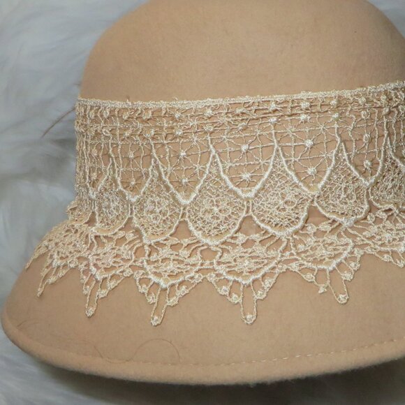 Elsie Massey Cloche Hat w/Exquisite Lace, Floral & Feather Trim - Neutral Colors - Picture 3 of 5